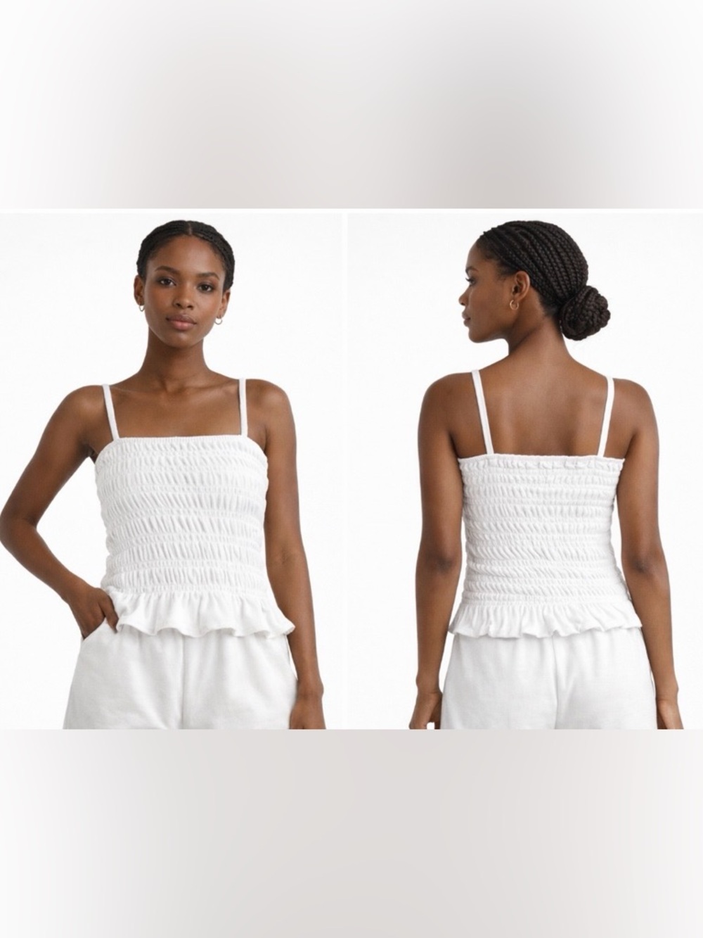 H&M Smocked White Tank Top Womens S Square Neck Sleeveless Boho Summer Stretch